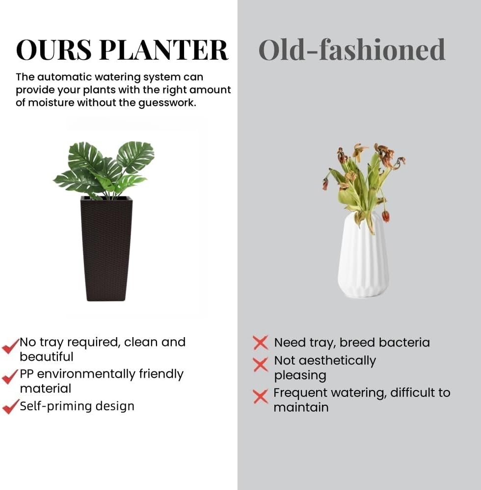 30in Tall Large Plant Pots Planter-Self-Watering Indoor/Outdoor Planting with Drain Holes, Water Level Monitor, Inner Bucket for Front Porch Patio, Brown Large