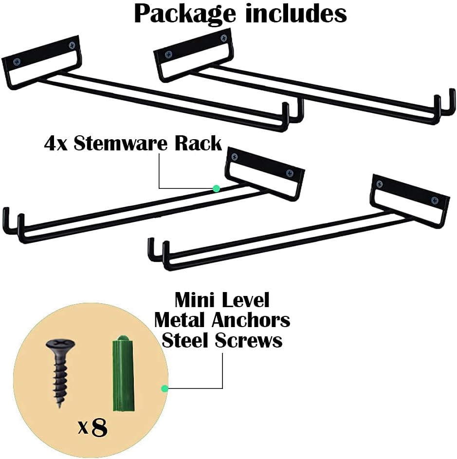 4 Packs 12 Inch Wine Glass Racks Cup Wall Mounted Stemware Hanging Wine Glasses Holder Under Cabinet Wire Wine Decor Racks