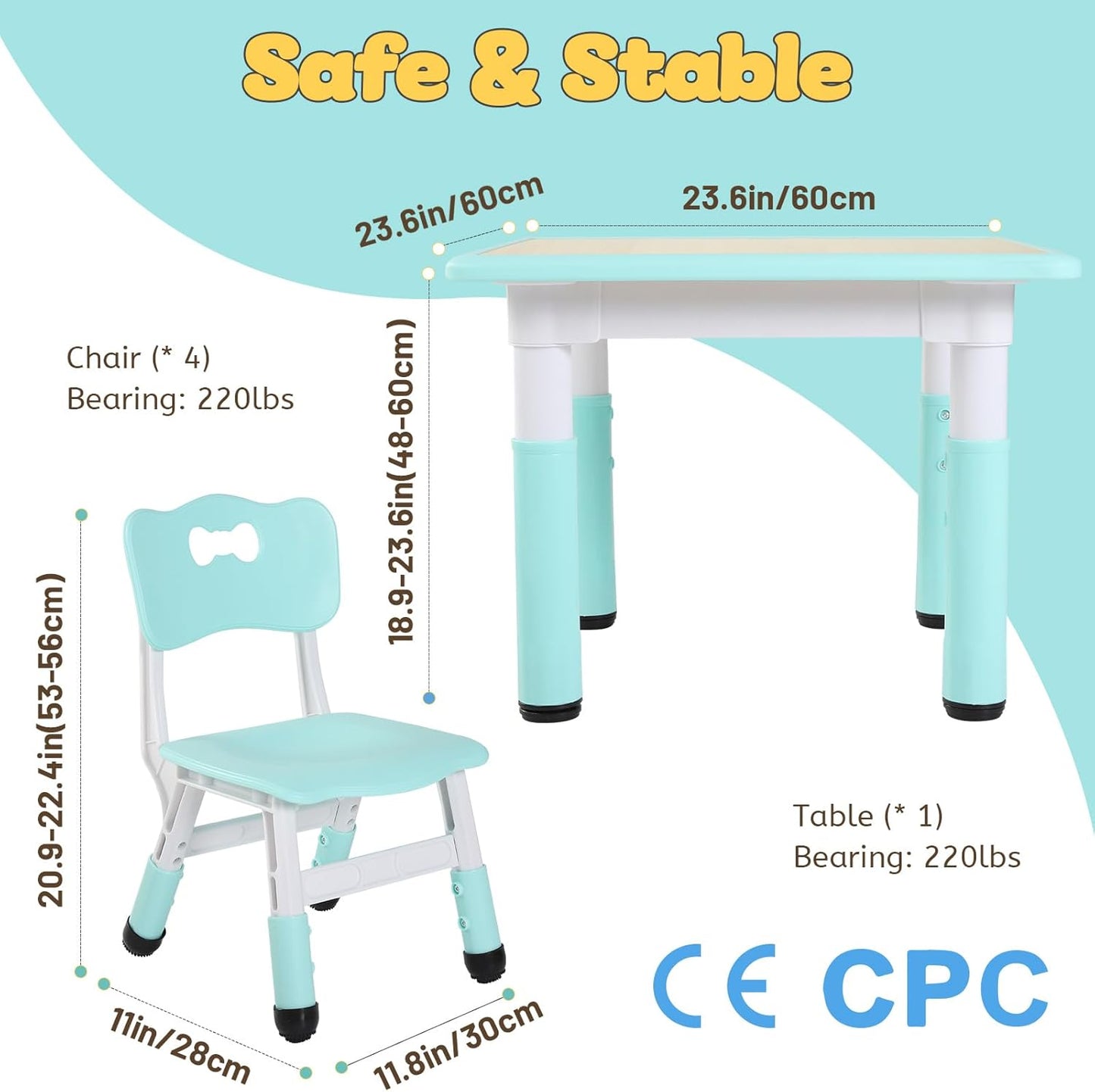 FUNLIO Kids Table and 4 Chairs Set, Height Adjustable Toddler Table and Chair Set for Ages 3-8, Easy to Wipe Arts & Crafts Table, for Classrooms/Daycares/Homes, CPC & CE Approved (5-Piece Set) - Green