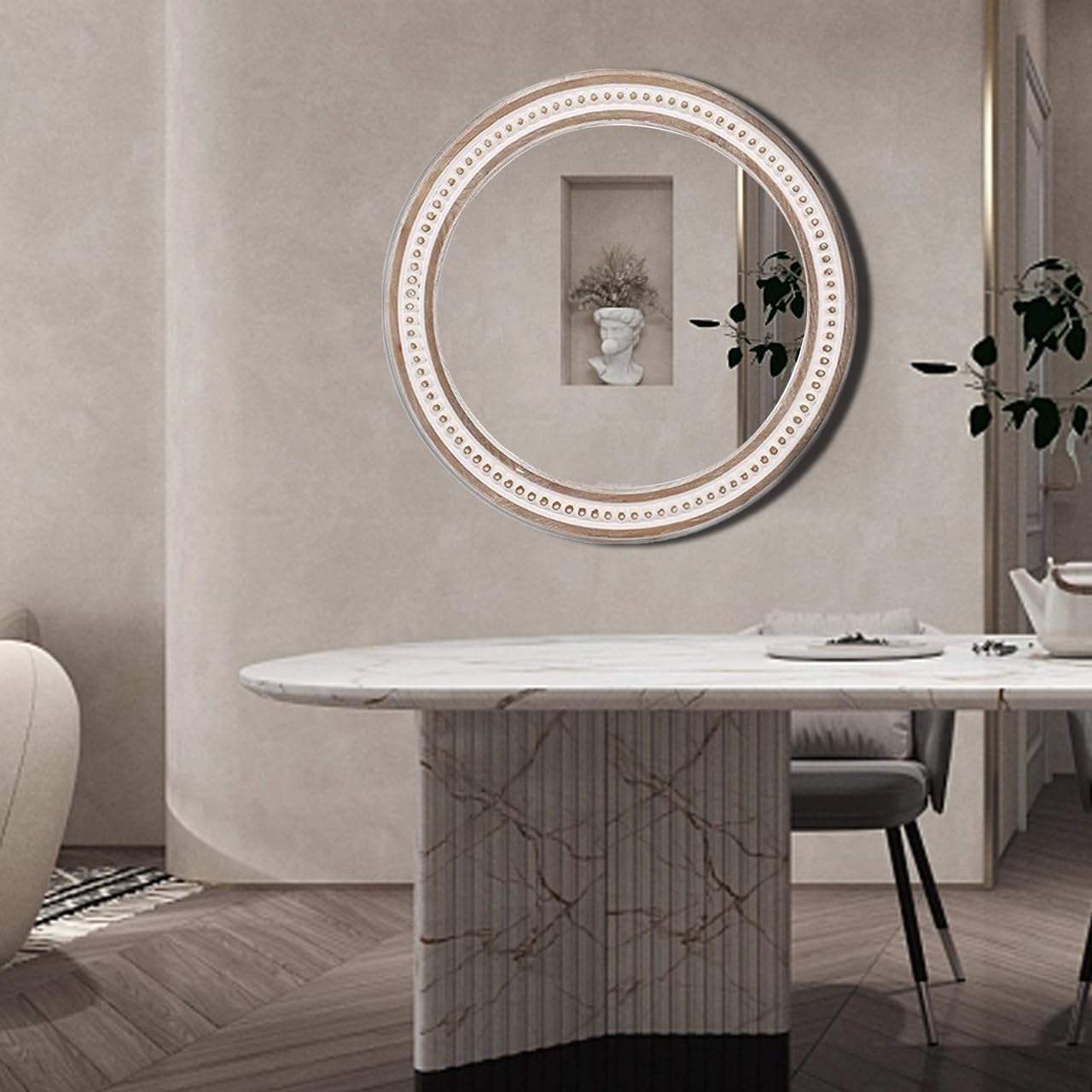 32'' Boho Wooden Large Round Wall Mirrors, Rustic Farmhouse Circle Mirrors Decorative for Bathroom, Bedroom Over Sink, Living Room, Entryway