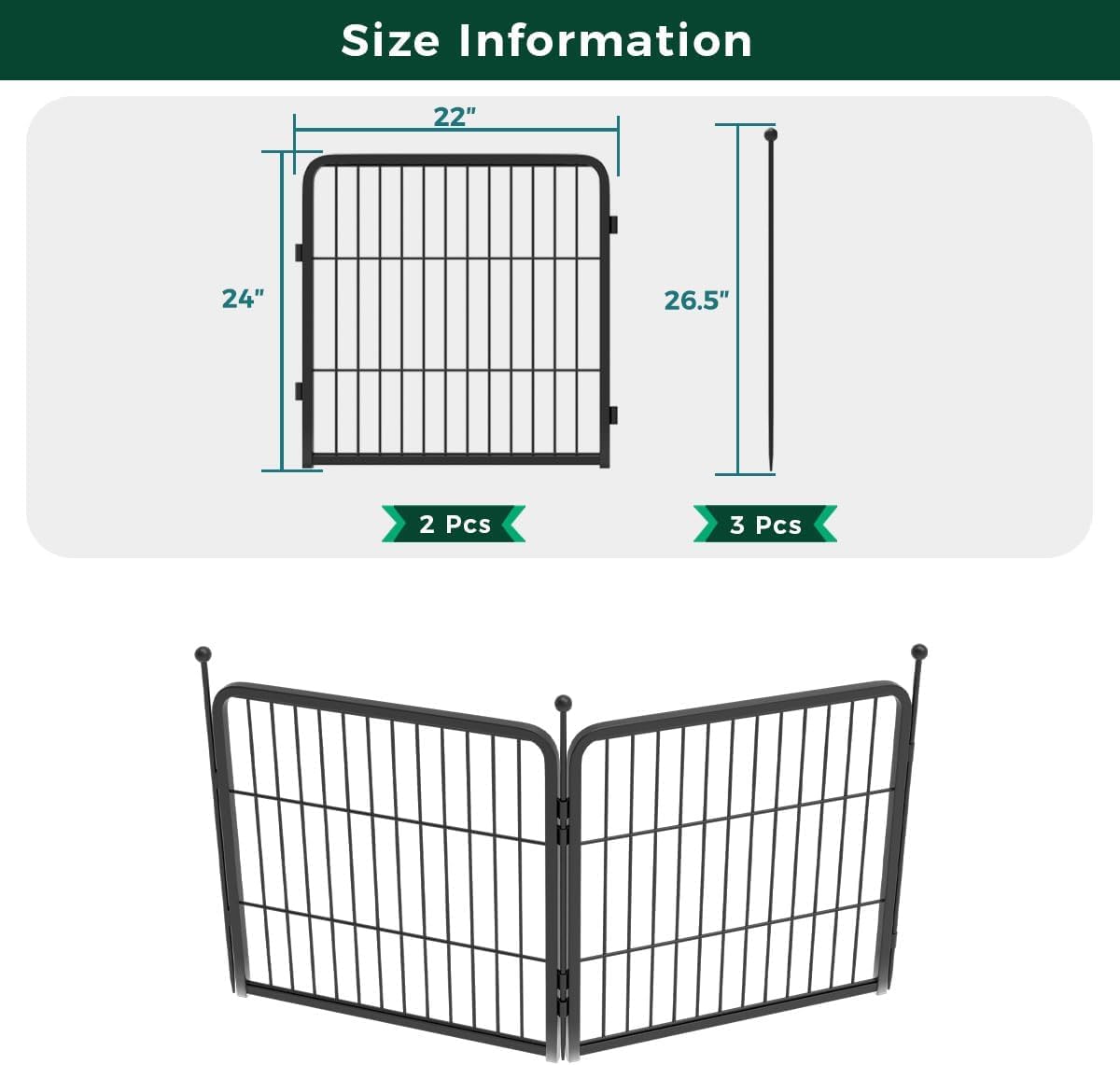 FXW Garden Fence Outdoor for The Yard – 24in(H) x 3.7ft(L) Heavy Duty Metal Animal Barrier for Dog and Rabbit, Decorative Dog Fence, 2 Panels, Black