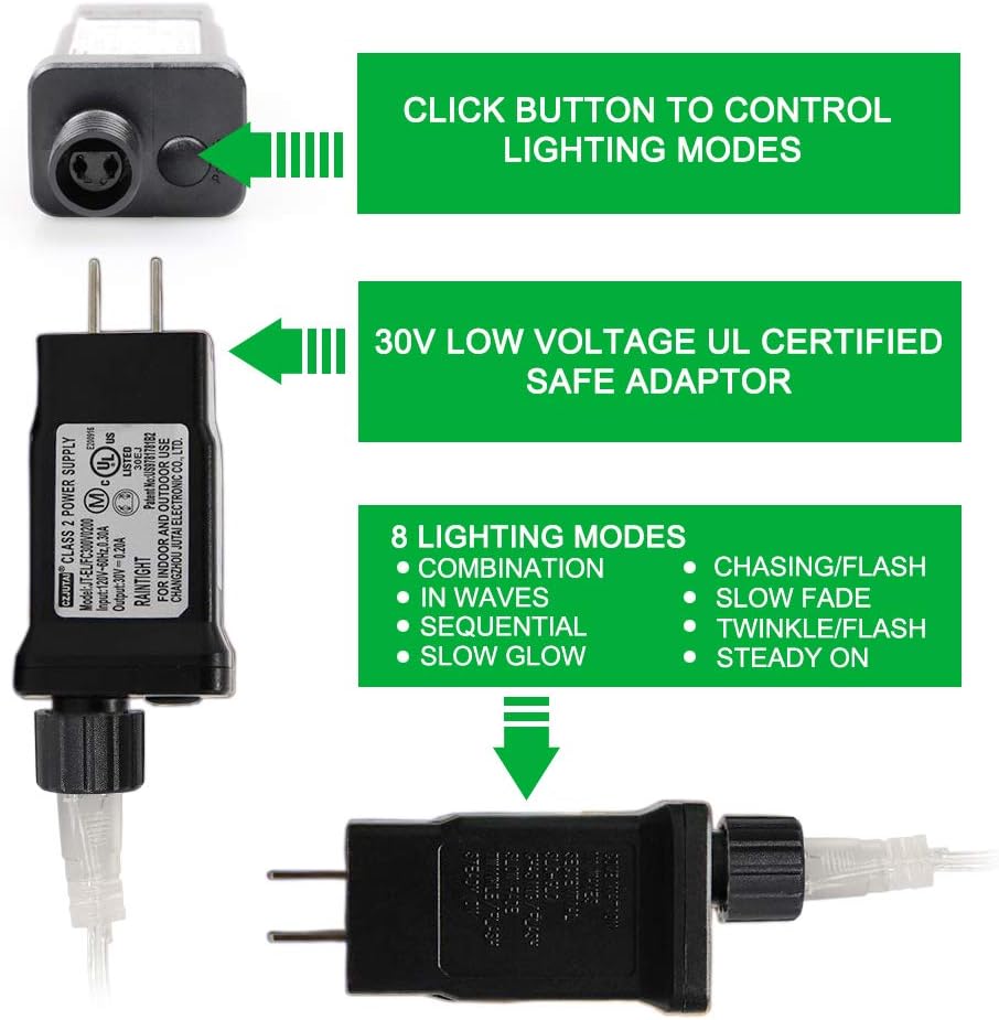 33FT 100 LEDs String Lights Waterproof Fairy Lights 8 Modes with Memory 30V UL Certified Power Supply for Home, Garden, Wedding, Party, Christmas Decoration Indoor Outdoor (Cool White+Blue)