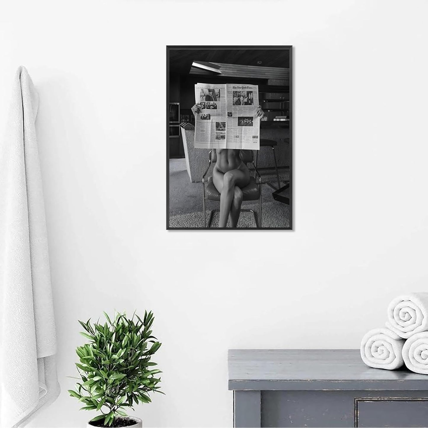 Sexy Glamorous Reader Poster Feminist Art Black and White Preppy Canvas wall art Retro Room Aesthetic Newspaper prints painting Trendy Naked Women Art wall decor 16x24in Framed