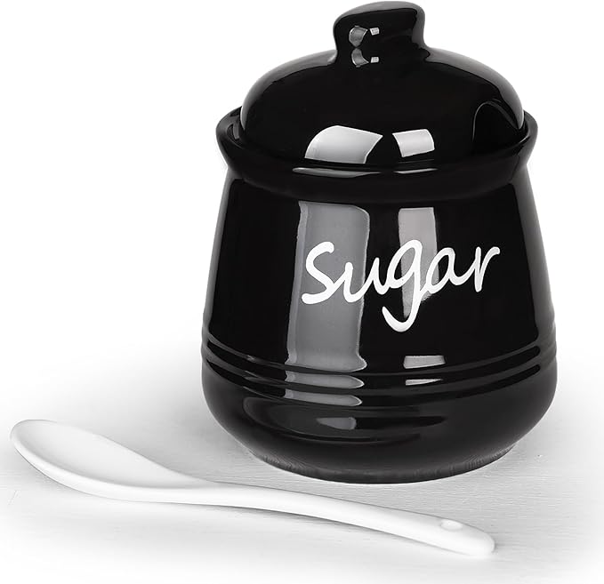HAOTOP 12oz Sugar Bowl with Lid and Spoon,Ceramic Sugar Jar Sugar Dispenser Sugar Container Coffee Bar Accessories, Kitchen Countertop Canisters, Black
