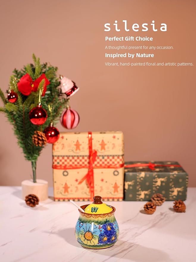 silesia Handmade Sugar Bowl with Lid and Spoon, 9 Ounce Ceramic Hand-Painted Sugar Jar for Home in Gift Box, Kitchen Decor, Oven, Dishwasher & Microwave Safe, Glazed Yellow