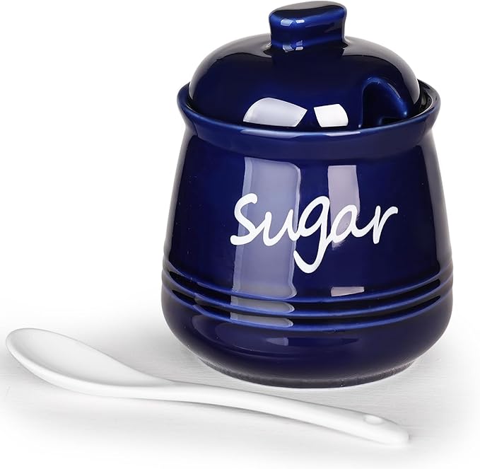 HAOTOP 12oz Sugar Bowl with Lid and Spoon,Ceramic Sugar Jar Sugar Dispenser Sugar Container Coffee Bar Accessories, Kitchen Countertop Canisters, Navy