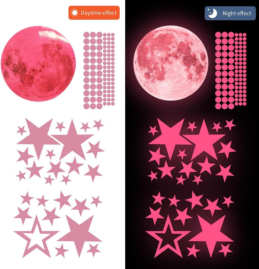 Glow in The Dark Stars and Moon Stickers for Ceiling, Luminous Wall Decals Decor for Bedroom Living Room, 407 dots + 27 Stars + 30cm Moon