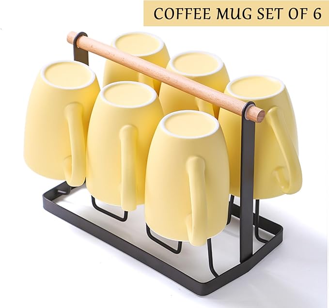 Coffee Mugs Set of 6, 12oz Ceramic Coffee Mugs with Handle, Matte Porcelain Yellow Coffee Mug for Latte, Tea, Cocoa, Cappuccino, Cups for Women Men for Home Restaurant Mug (Yellow)