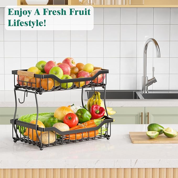 Giwil 2 Tier Countertop Fruit Basket for Kitchen, Vegetable Storage Bread Fruit Bowl Stand with 2 Banana Hangers, Wall Mounted Metal Wire Basket Organizer for Potato Onion, Black