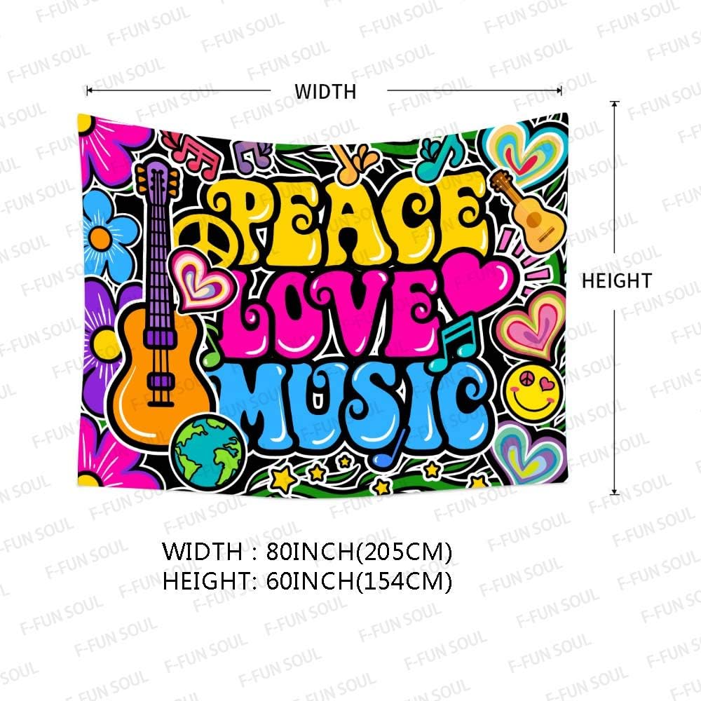 F-FUN SOUL Peace Love and Music Tapestry, 80x60inches Soft Flannel, Guitar Symbol Dove Flowers Psychedelic Art Tapestries Wall Hanging for Bedroom Living Room Decor Banner