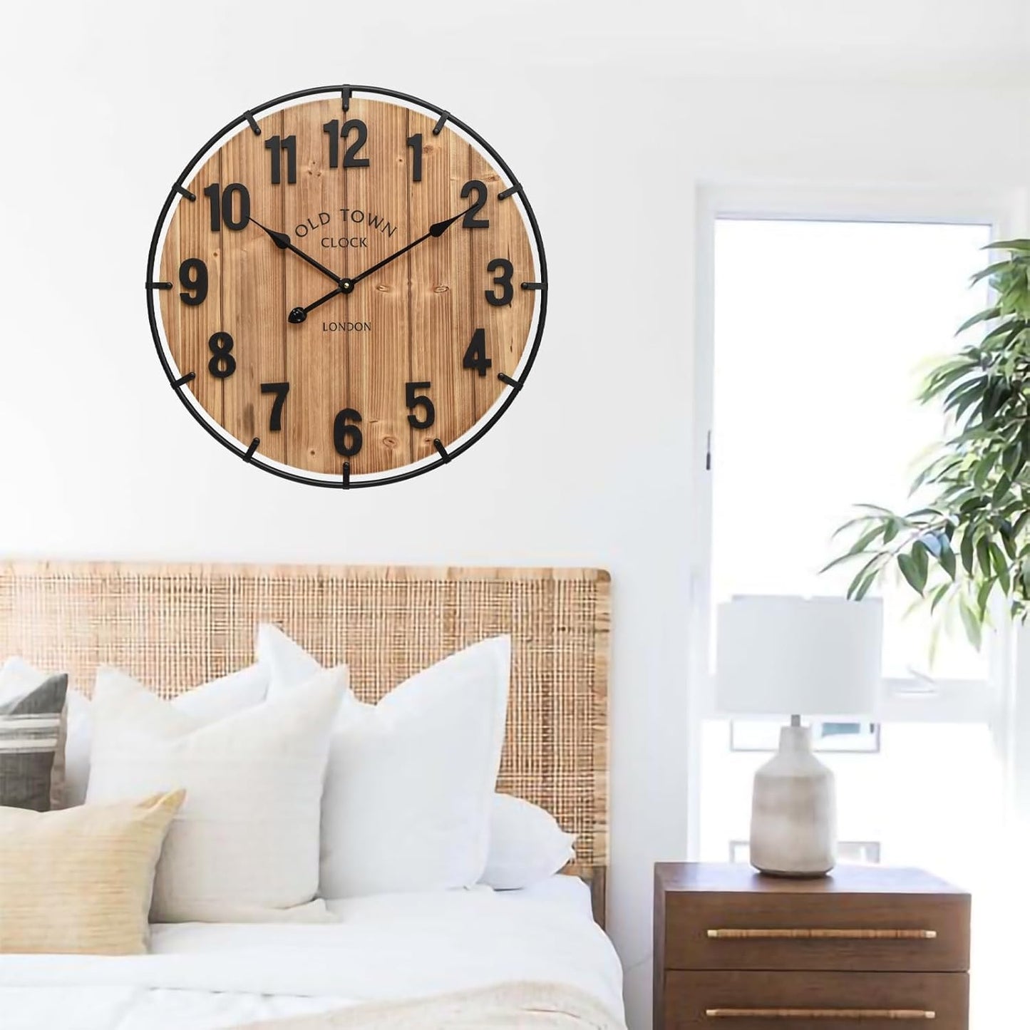 Large Old Town Farmhouse Wall Clock 24 Inch Rustic Antique Wood with Metal Circle and Large Numerals Silent Battery Operated Wall Clock for Office Kitchen Bedroom Living Room