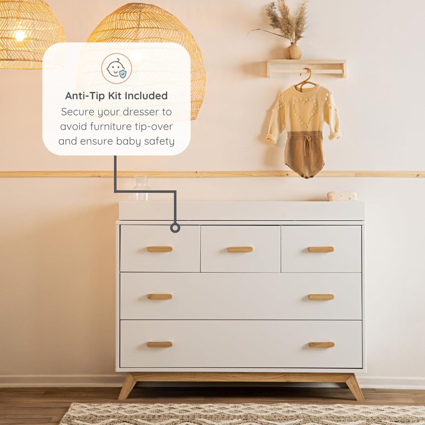 dadada Soho 5-Drawer Dresser for Nursery and Bedroom - Modern Design, Large Storage, Baby-Safe Finish, Soft Close Drawers, Anti-Tip Safety, Sturdy Legs & Solid Wood Handles, 47” Wide (White+Natural)