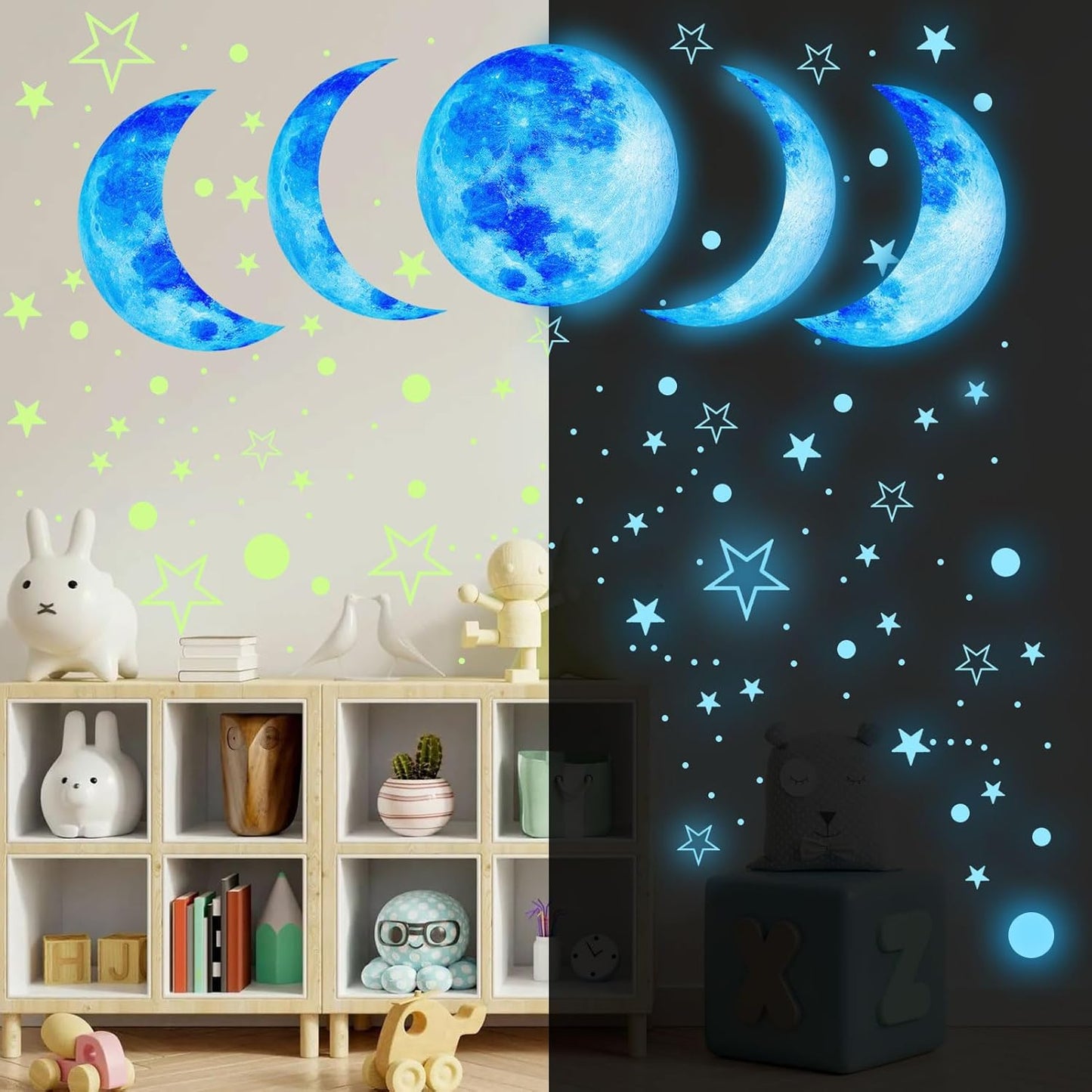 Glow in The Dark Starry Sky Moon and Stars Wall Decals,Glowing Galaxy Stars Space Planet Ceiling Wall Stickers for Boys Girls Bedroom Kids Baby Nursery Living Room Decoration