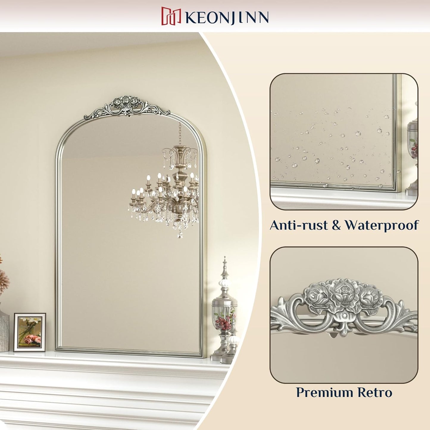 Keonjinn Vintage Mirror 24" x 36", Antique Mirrors for Wall Decor, Silver Arched Decorative Mirror for Mantle, Hallway, Living Room, Fireplace, Bedroom, Bathroom Mirror with French Cleat Mounting
