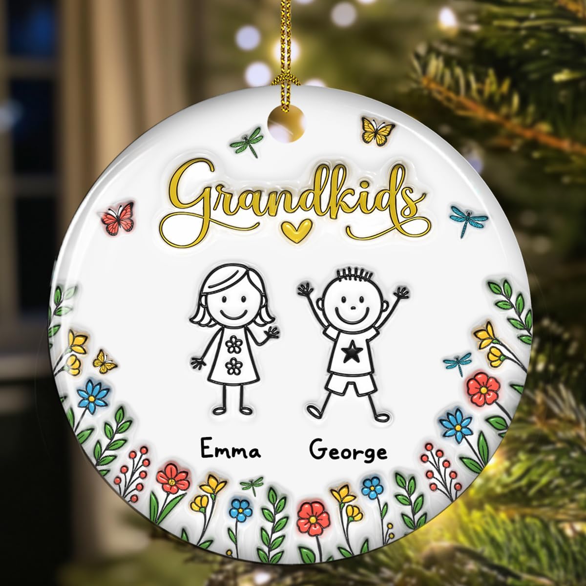 Grandkids Personalized Ceramic Ornament – Personalized Family Tree Decoration, Grandparent Holiday Keepsake