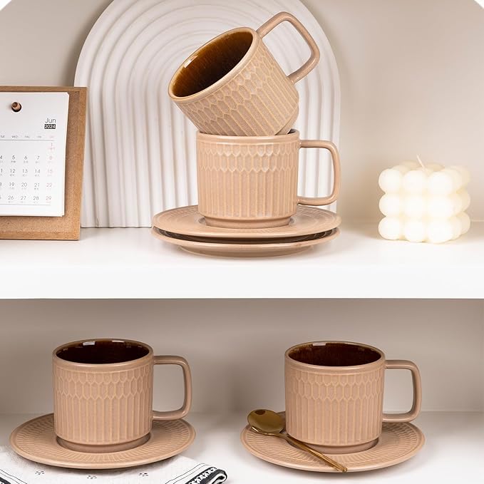 Large Cappuccino Cups with Saucers Set of 4, 8 Ounce Stackable Embossed Ceramic Coffee Mugs for Specialty Coffee Drinks, Latte, Cafe Mocha and Tea, Dishwasher & Microwave Safe (Brown)