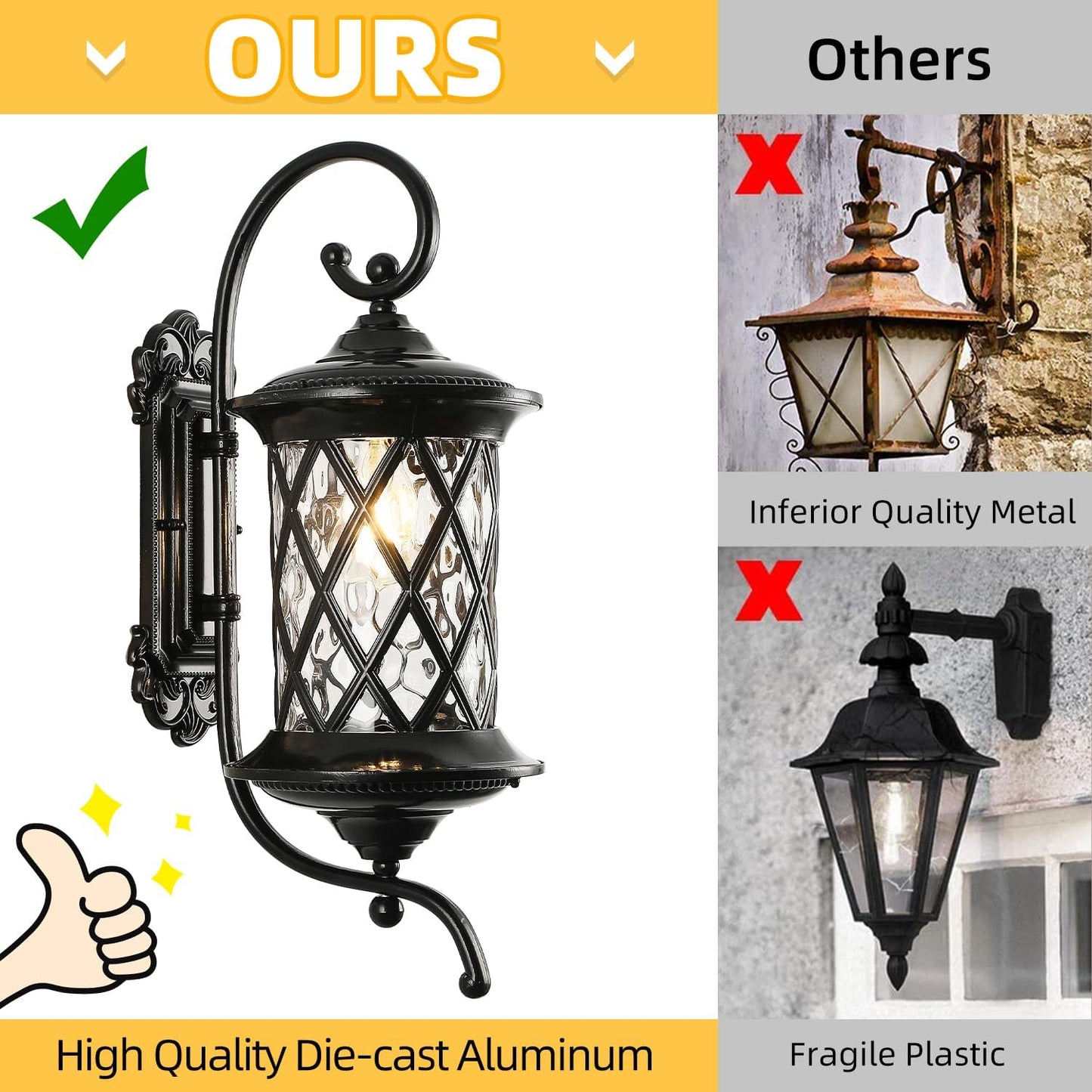 Retro Large Outdoor Wall Lanterns 24" Exterior Light Fixtures Coach Light Waterproof Aluminium with Water Glass Outside Wall Lamps for House Front Door Garage Porch Lighting, Black