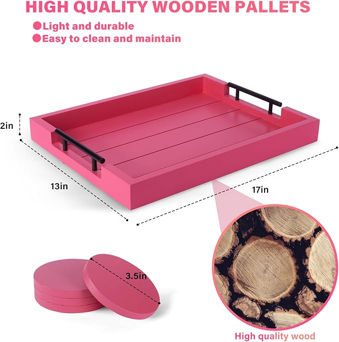 Ottoman Tray | Coffee Table Tray Decorative, Serving Tray with Handles - 17x13 Inch Wood Tray for Coffee Table Tray - with 4 Wooden Coasters -Tray for Ottoman, Breakfast