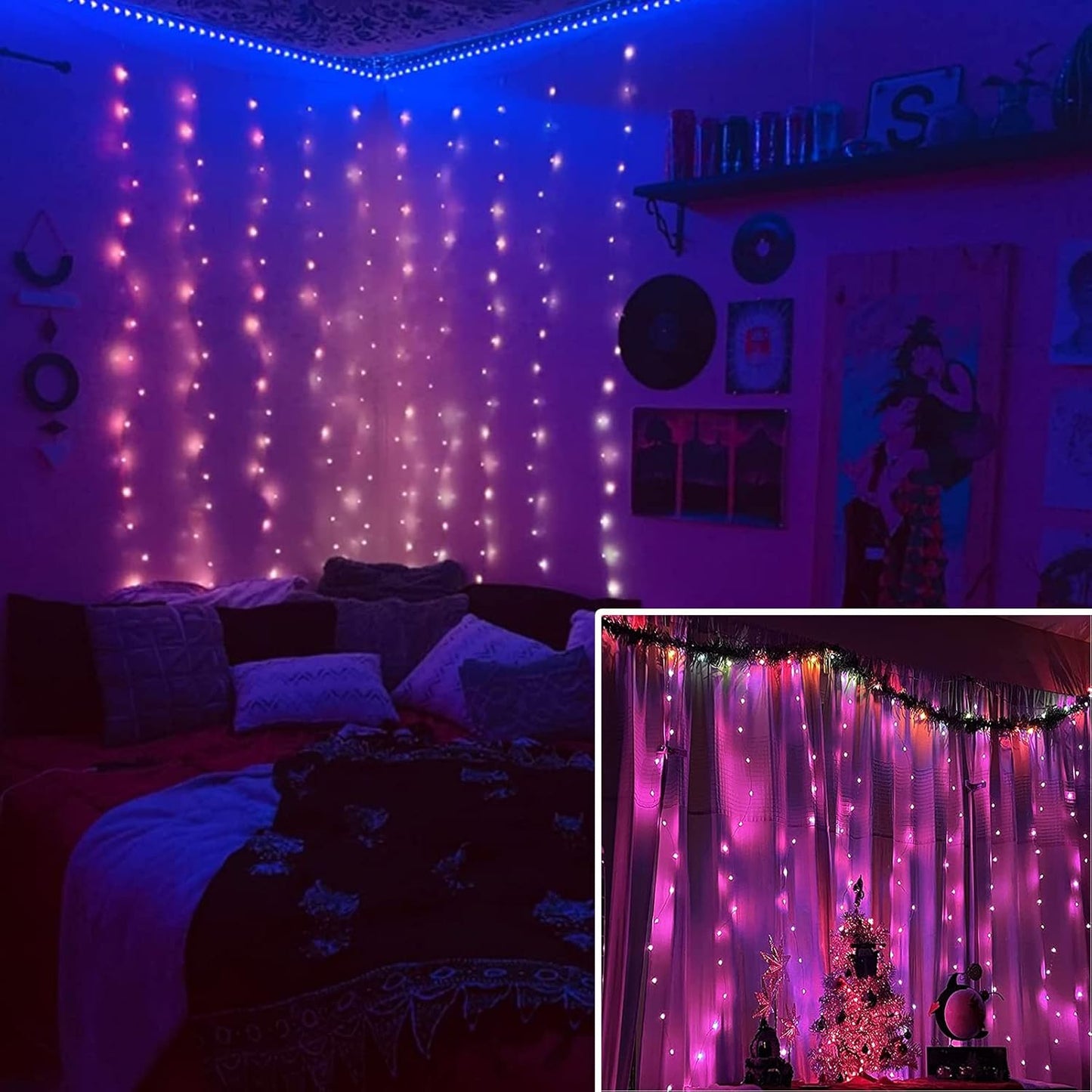 Fairy Curtain Lights - 16-Color Changing String Lights with Remote, 4 Lighting Modes, Ideal for Christmas, Weddings, Parties, Room Decor - Rainbow Backdrop