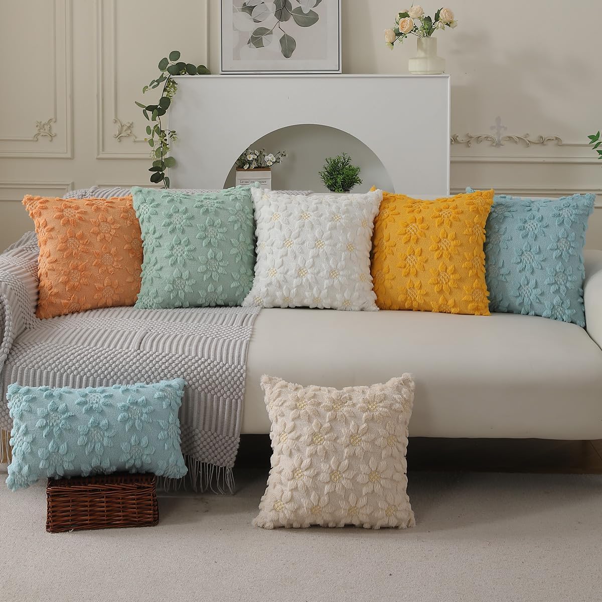 DFXSZ Spring Summer Pillow Covers 16x16 inch Set of 2 Farmhouse Decor White Flower Heart Sunflower Blue Soft Plush Faux Fur Jacquard Throw Pillows for Sofa Holiday Spring Home Decor PTK024G16