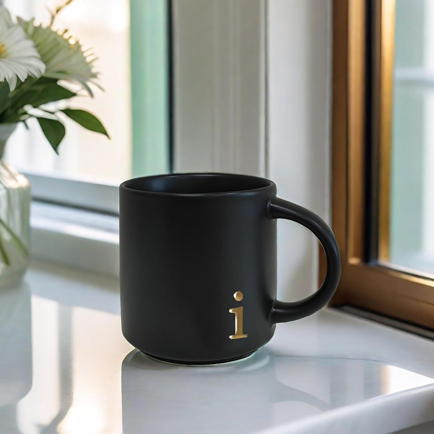 COLLECTIVE HOME - Black Monogram Ceramic Mugs, 15 oz Golden Initial Coffee Cups, Elegant Alphabet Tea Mugs, Personalized Halloween Mug with Gift Box, Perfect for Office and Home Décor (i)