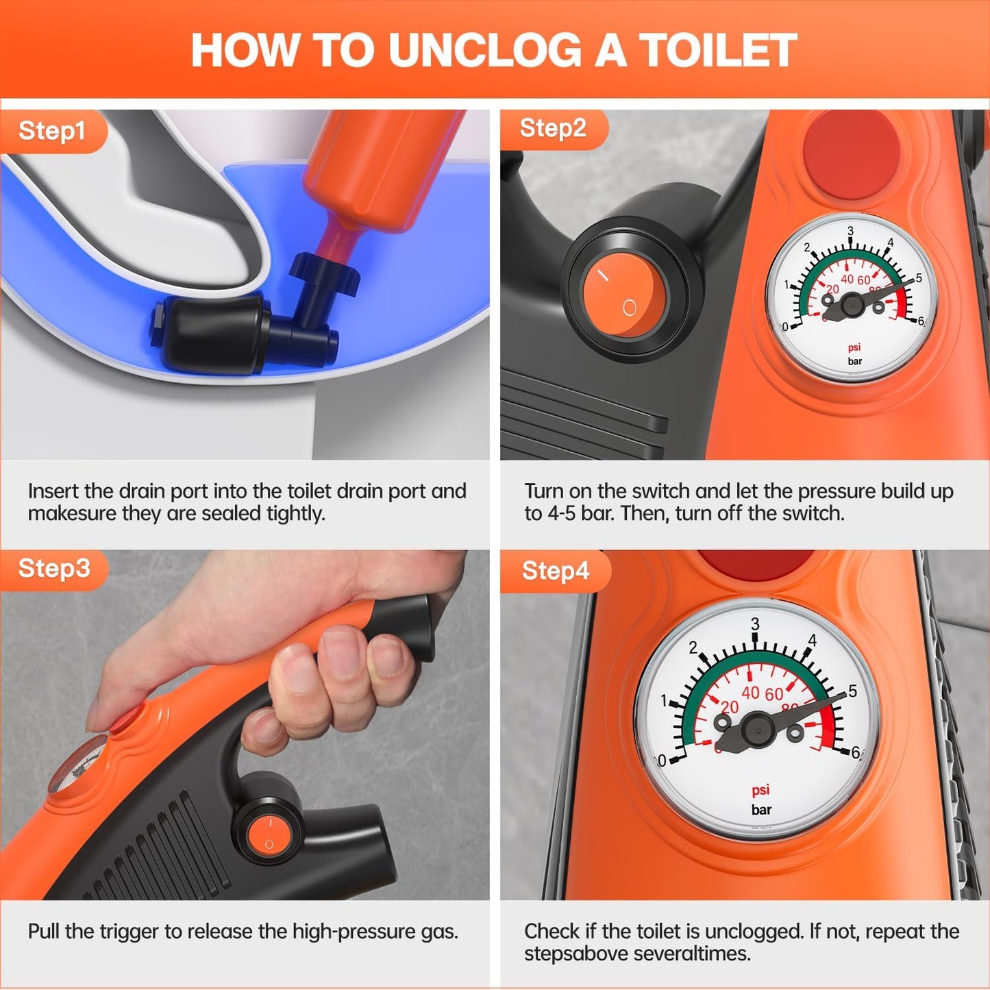 Toilet Plunger, Drain Clog Remover, High-Pressure Air Drain Blaster with Real-Time Barometer Powerful Drain Snake Sink Plunger Plumbing Tools Plungers for Bathroom, Sink, Floor, Kitchen Clogged