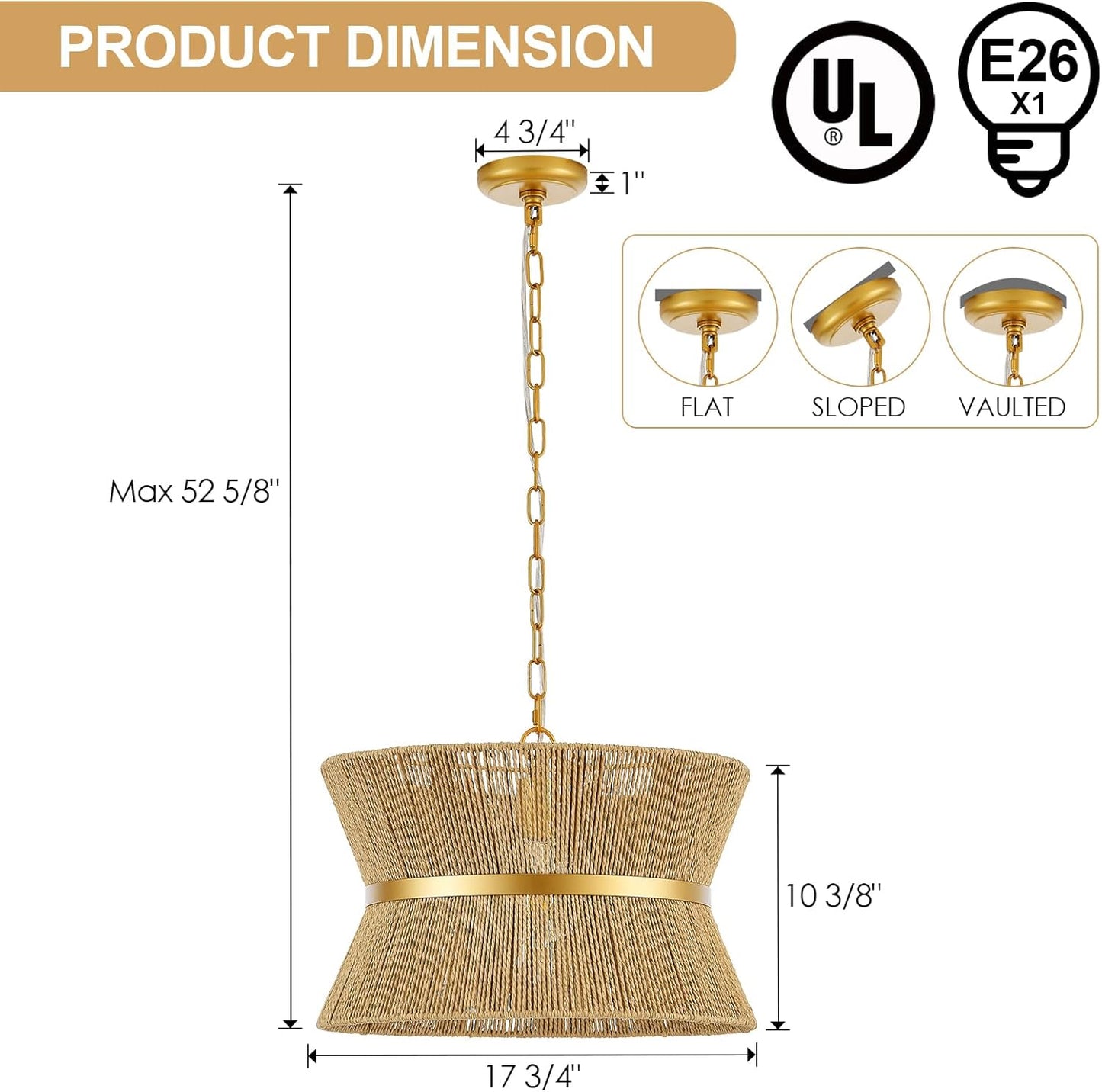 18” Hand Woven Rattan Boho Chandelier Brass Ajustable Pendant Light for Kitchen Island Living Room Bedroom Hallway, UL Listed