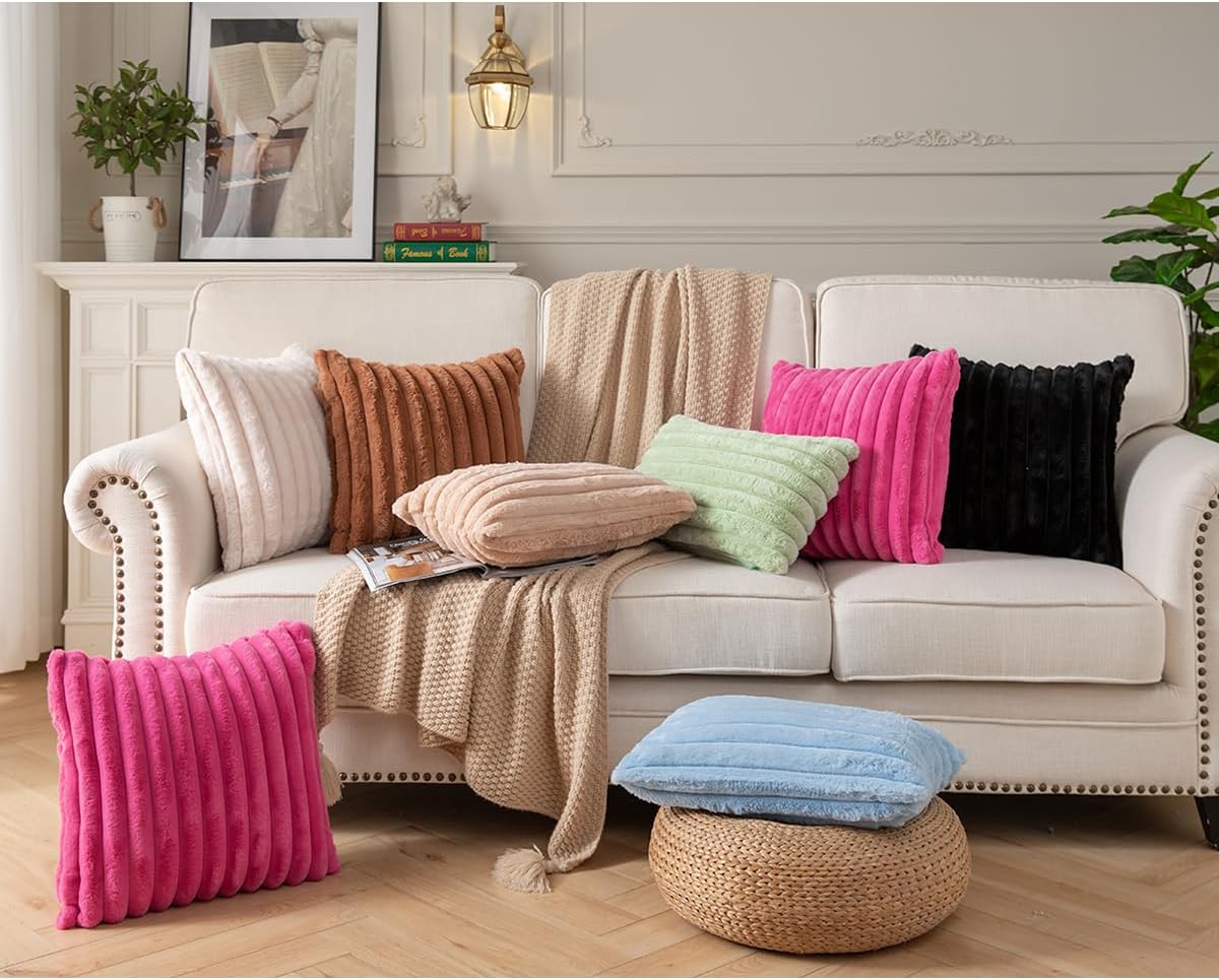 DEELAND Pack of 2,Double-Sided Faux Fur Plush Decorative Throw Pillow Covers Fuzzy Striped Soft Pillowcase Cushion Covers for Sofa Couch Bedroom Black 20x20 inch