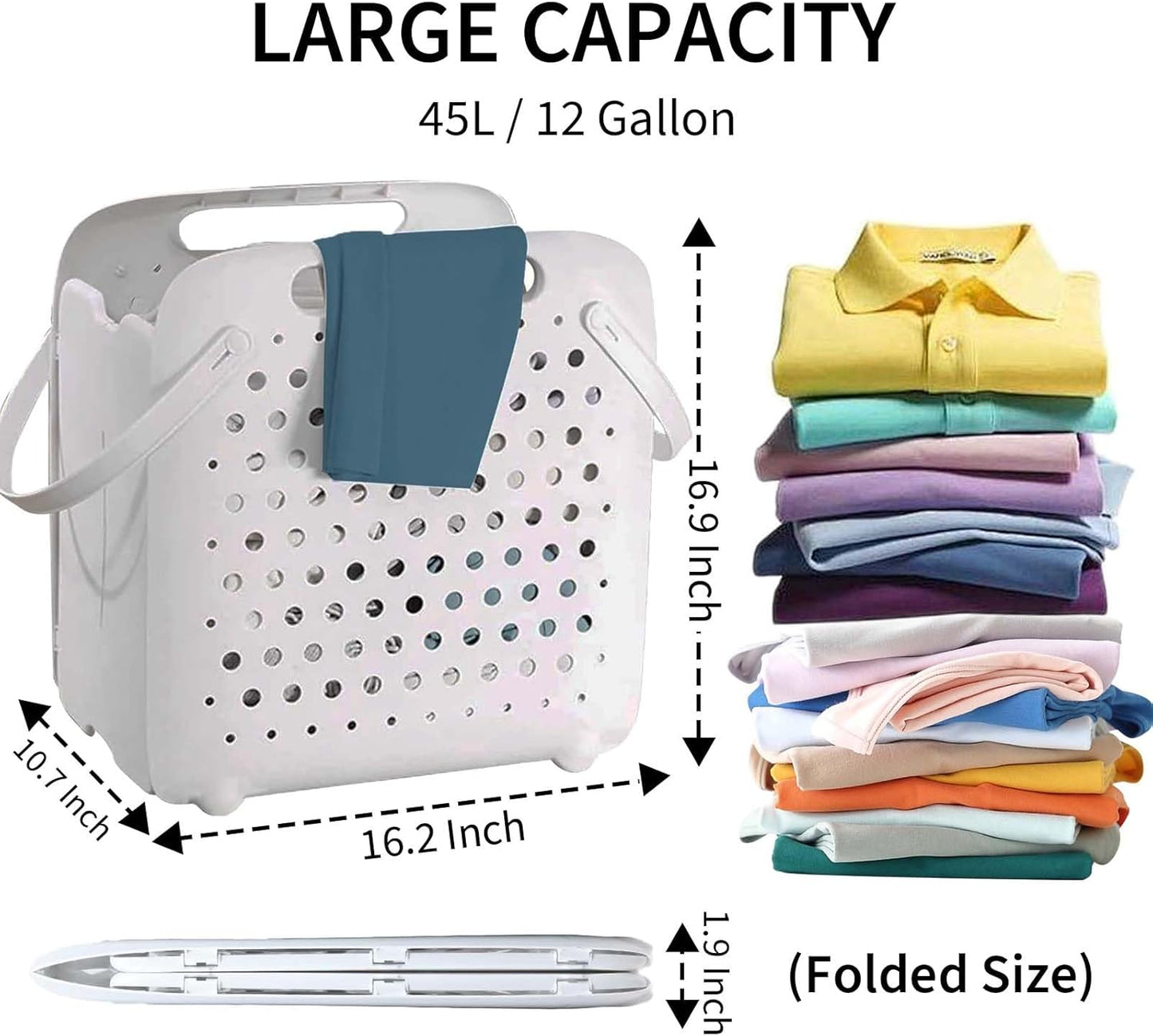 45L Foldable Laundry Basket, Plastic Collapsible Laundry Baskets with Handles, 12 Gallons Dirty Clothes Hamper for Dorm Laundry Room Organization, Freestanding Wall Hanging Laundry Hamper
