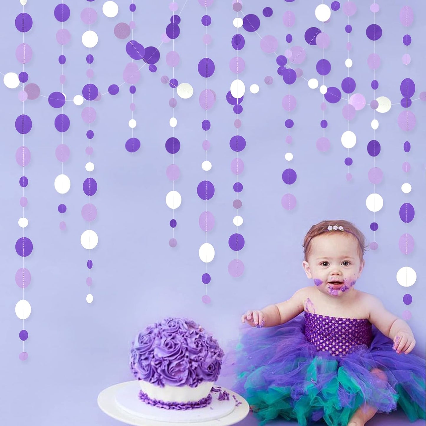 46 Ft Purple and White Circle Dots Garland Lavender Hanging Paper Polka Dot Streamer for Birthday Anniversary Engagement Wedding Baby Bridal Shower Valentine Day Lilac Theme Party Decorations Supplies