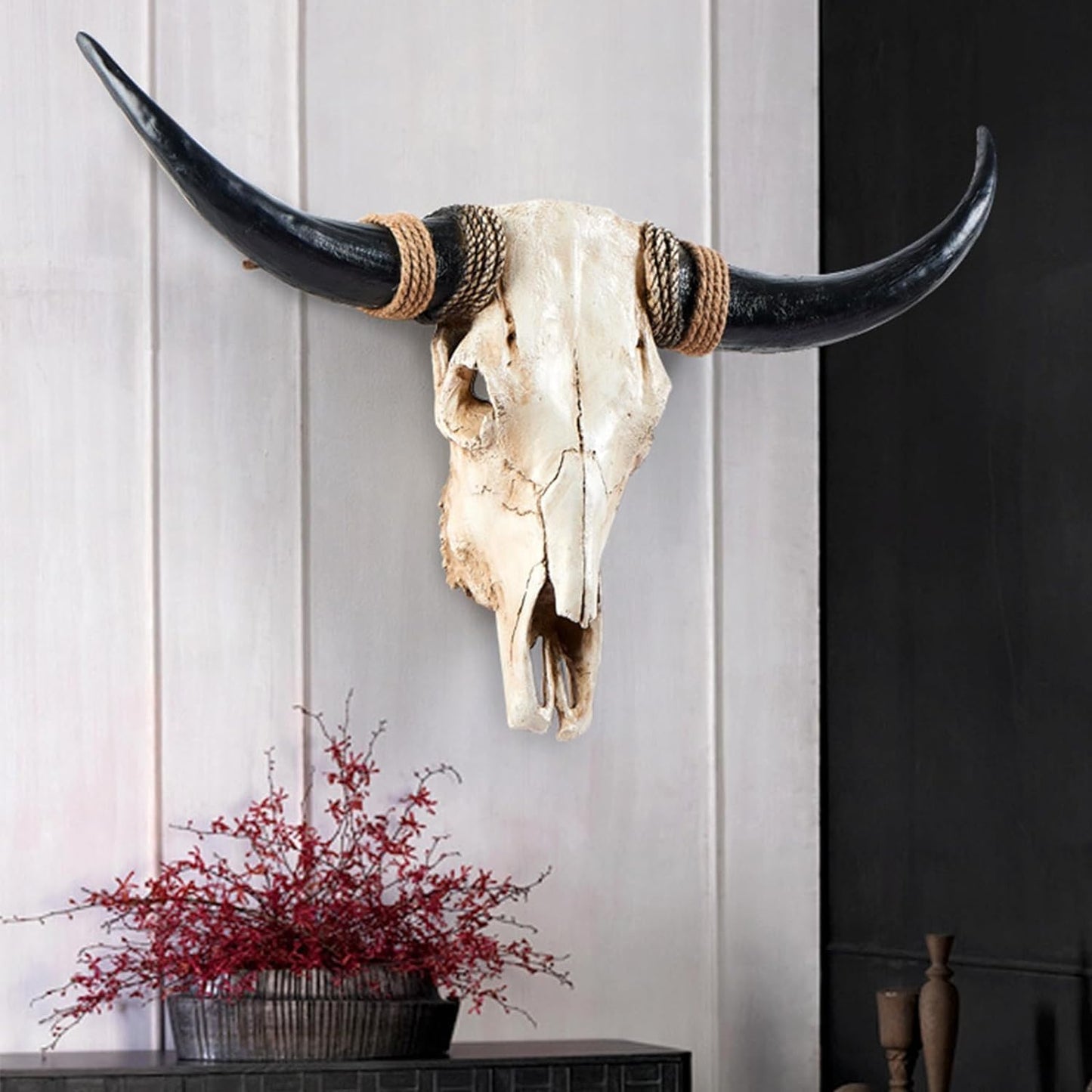 31inch Cow Skull Wall Decor, Long Horn Wall Hanging Decor,Wall Hanging Faux Longhorn Skull Faux Taxidermy Animal Head, Handmade Decor Home Sculpture Faux Bull Horns for Wall(Brown)
