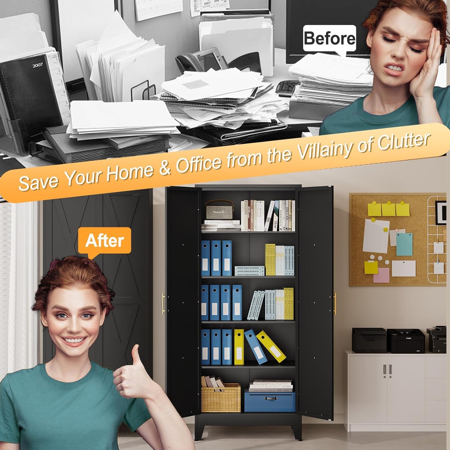 71" H Metal Kitchen Pantry Storage Cabinet, Freestanding Cupboard with 2 Doors and 4 Adjustable Shelves, Standing Storage for Kitchen, Bathroom, Garage, Dinning Room or Utility Room(Black)