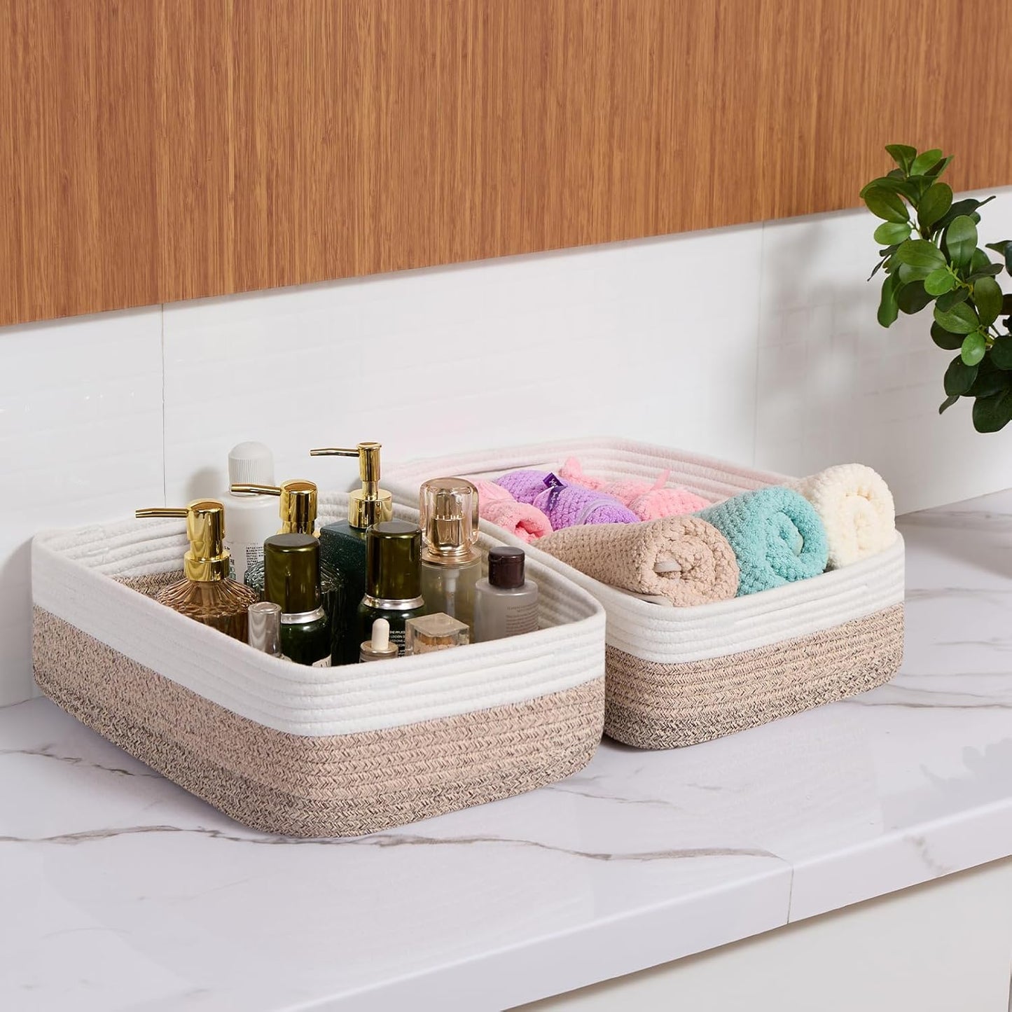 Large Shallow Organizing Baskets 15x11x5.1 Inches - Rope Woven Storage Bins for Bathroom, Shelves, Cube Closet, Gradient Brown 2 Packs