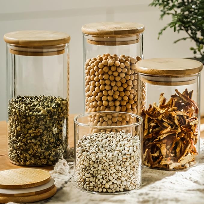 25oz Glass Food Storage Jars, Glass Jars with Bamboo Lids, Kitchen Storage Jars, Set of 6, Canisters with Airtight Lids for Spice, Coffee, Cookie, Pantry Organizers