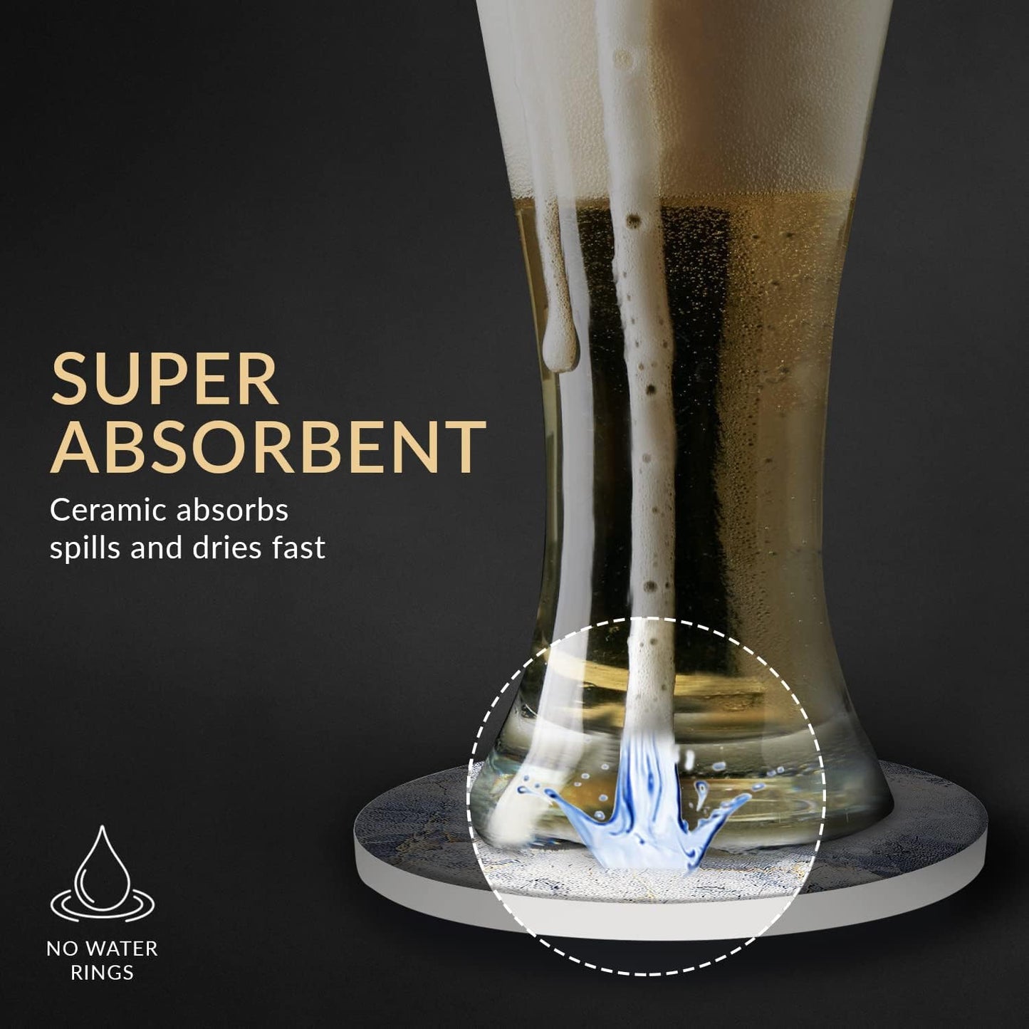 Emerson Essentials Coasters for Drinks Absorbent with Holder, Set of 6, Cork Bottom Ceramic Stone Marble Style for Wooden Coffee Bar Tables, Glass Tabletop Non Slip, Natural Stone