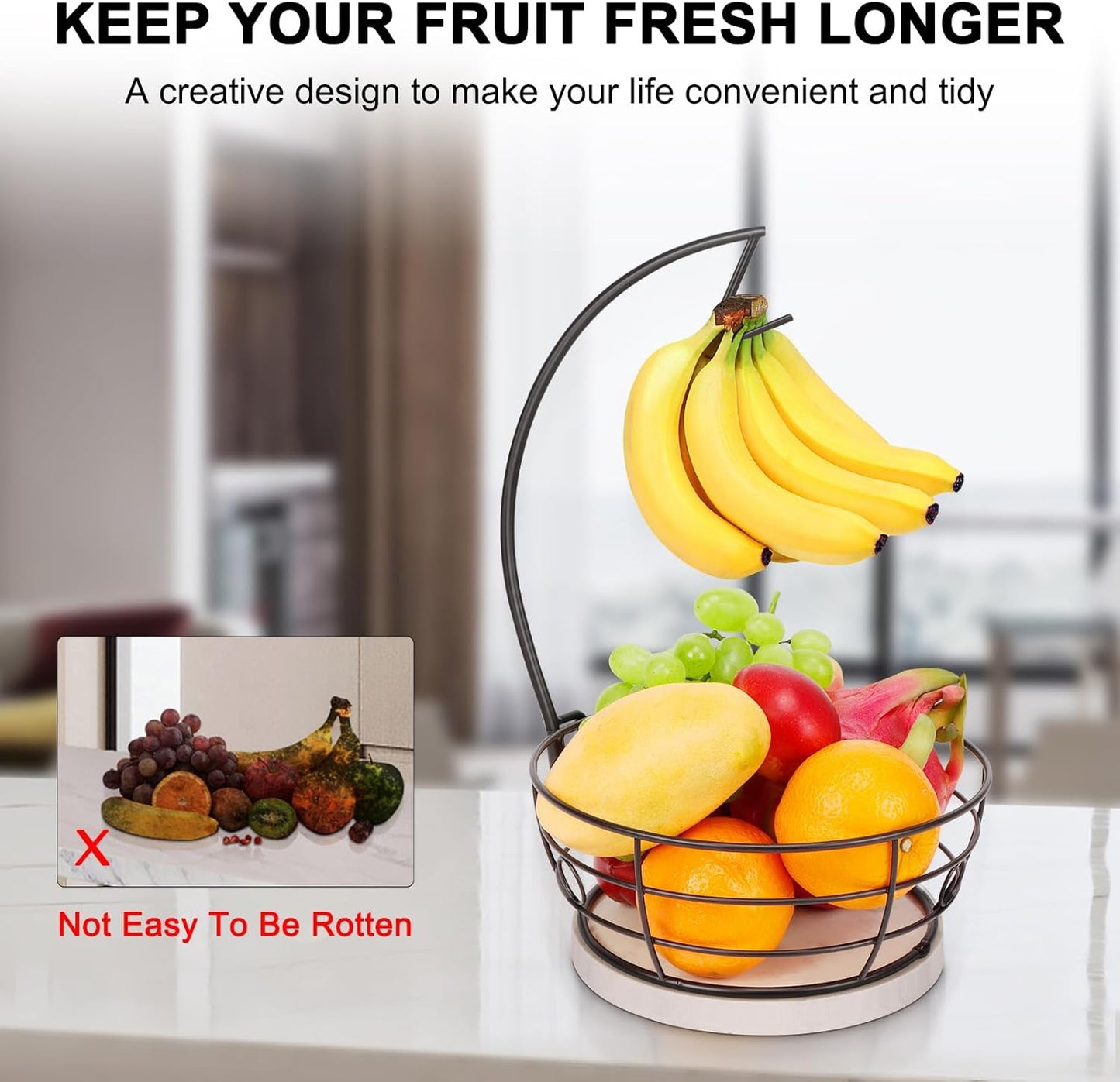 Livabber Countertop Fruit Basket Bowl with Banana Hanger, Modern Standing Fruit Vegetable Bowl Storage, with Banana Tree Holder for Kitchen Dinning Table (Round Marble, Black)