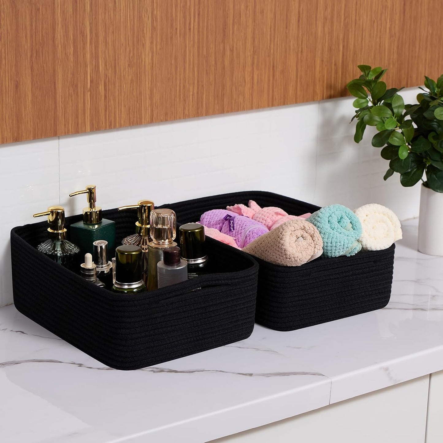 Large Shallow Organizing Baskets 15x11x5.1 Inches - Rope Woven Storage Bins for Bathroom, Shelves, Cube Closet, Black 2 Packs