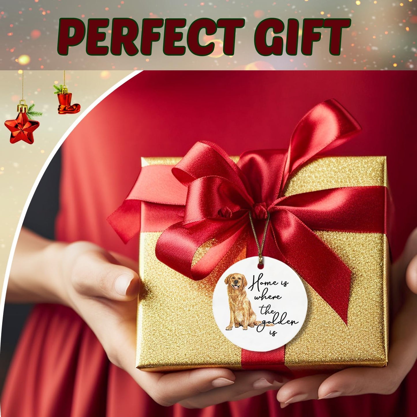 Golden Retriever Decor Gifts Ornament, Home is Where The Golden is Ceramic Christmas Ornament Keepsake Sign Plaque