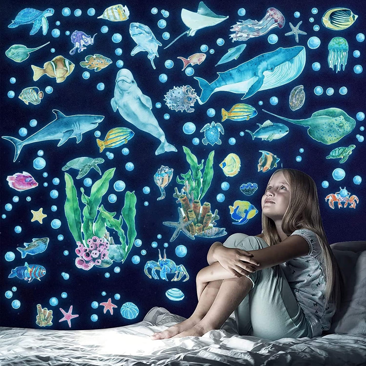 Glow in The Dark Fish Wall Decals, Under The Sea Wall Stickers Decals Decor Luminous Sea Life Animals Waterproof Stick Wall Decal for Kids Boys Bedroom Watercolor Ocean Creatures Decor
