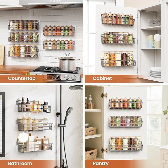 5 Pack Spice Rack Seasoning Organizer Wall Mount, Screw or Adhesive Hanging Shelf Basket Spice Organizer Shelf for Kitchen, Gray