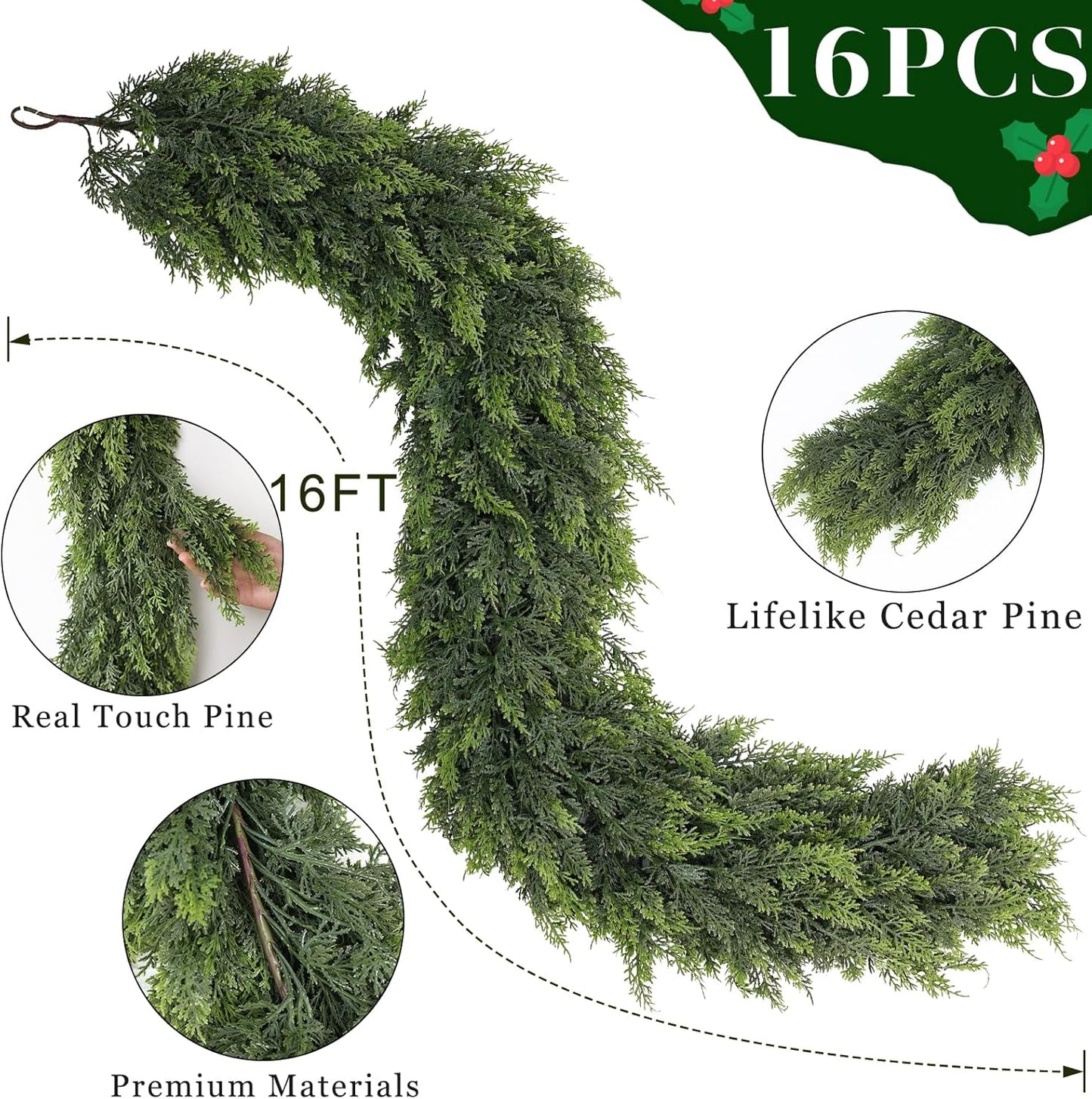 16FT Real Touch Cedar Garland - Artificial Christmas Garland Fake Green Faux Thick and Lush Pine Needles Garlands for Table Fireplace Mantle Holiday Home Indoor Outdoor Decor (1PCS)