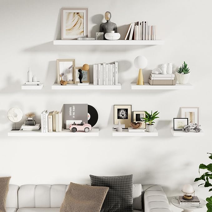 Floating Shelves Set of 2, 36 Inch Long Wooden Wall Shelves, 10 Inch Deep Wall Mounted Storage Shelf with Metal Brackets for Living Room, Bathroom, Bedroom and Kitchen, White