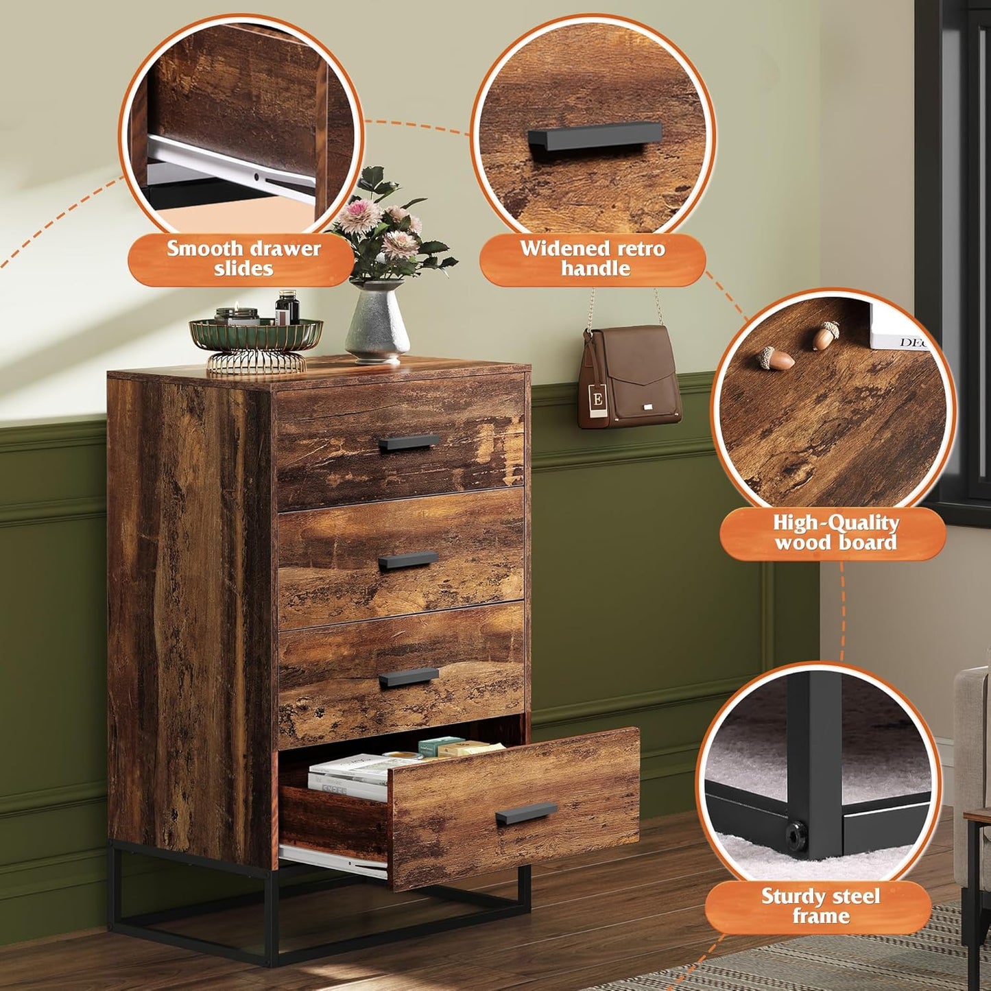 WLIVE Wood Dresser for Bedroom with 4 Drawers, Tall Dresser with Sturdy Metal Frame, Wooden Chest of Drawers for Hallway, Living Room, Closet, Brown Oak