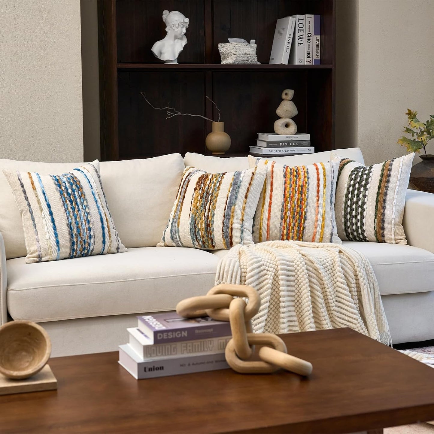 Aeckself Boho Pillow Covers 18x18 Inch Set of 2, Farmhouse Decorative Striped Square Chenille Tufted Accent Neutral Throw Pillow Covers for Living Room Couch Bed, Orange White