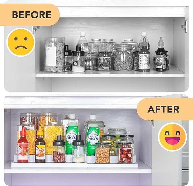 3 Tier Expandable Spice Rack Organizer, Plastic Spice Rack, Adjustable Length 14.6In-25.8In, Non-Skid Tiered Spice Shelf Organizer for Kitchen Cabinet, Cupboard, Pantry, White/Grey