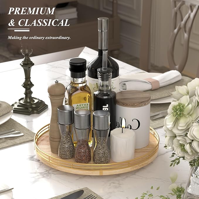 Farmhouse Oak 13" Lazy Susan Turntable Organizer for Cabinet, Round Wooden Lazy Susan Organization and Storage for Dining Table, Pantry, Kitchen, Countertop, Cupboard,Home Decor