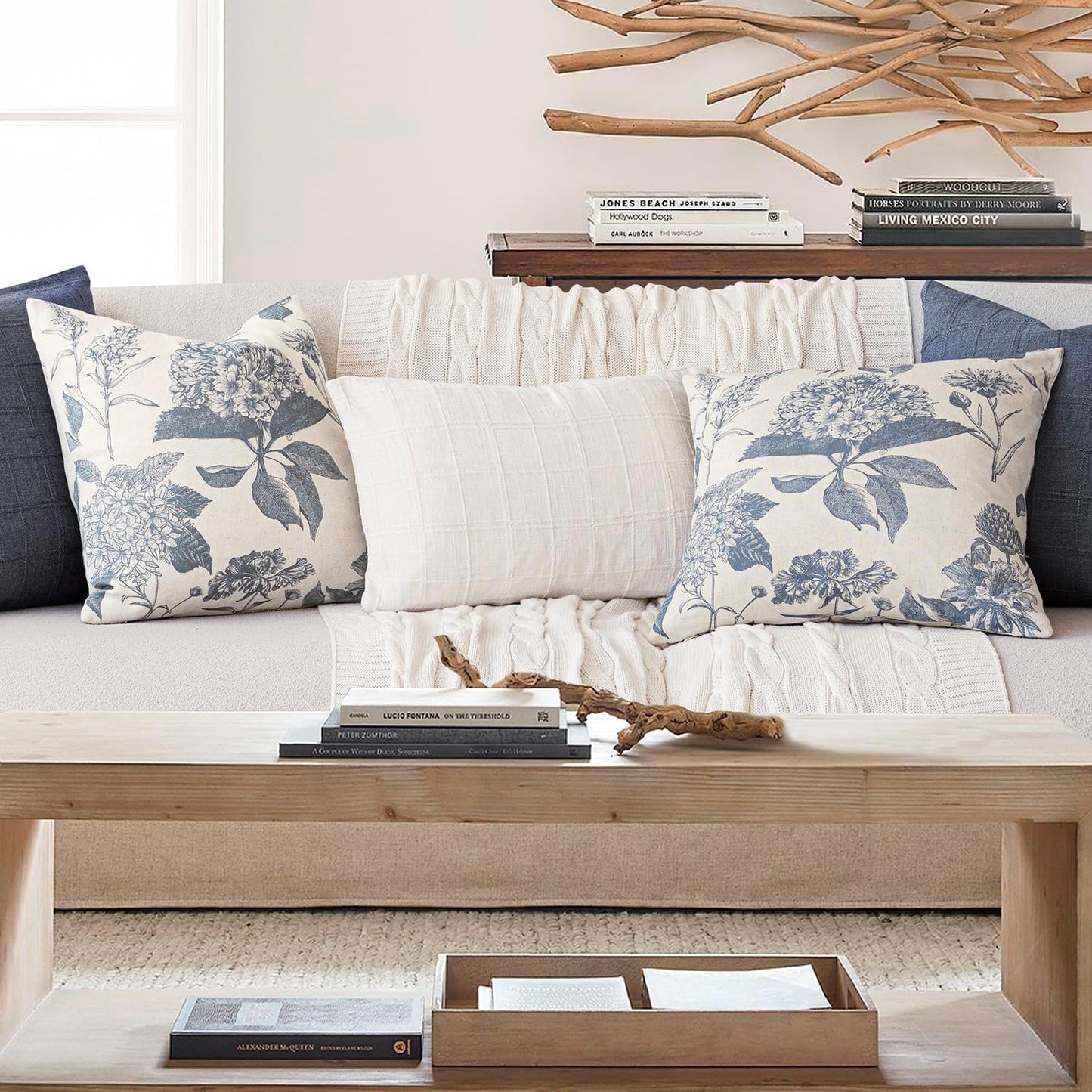 Foindtower Set of 2 Linen Floral Vintage Throw Pillow Covers Neutral Accent Print Decorative Cushion Covers Farmhouse Boho Home Decor for Sofa Chair Couch Bedroom Living Room Outdoor,20×20 Inch,Blue