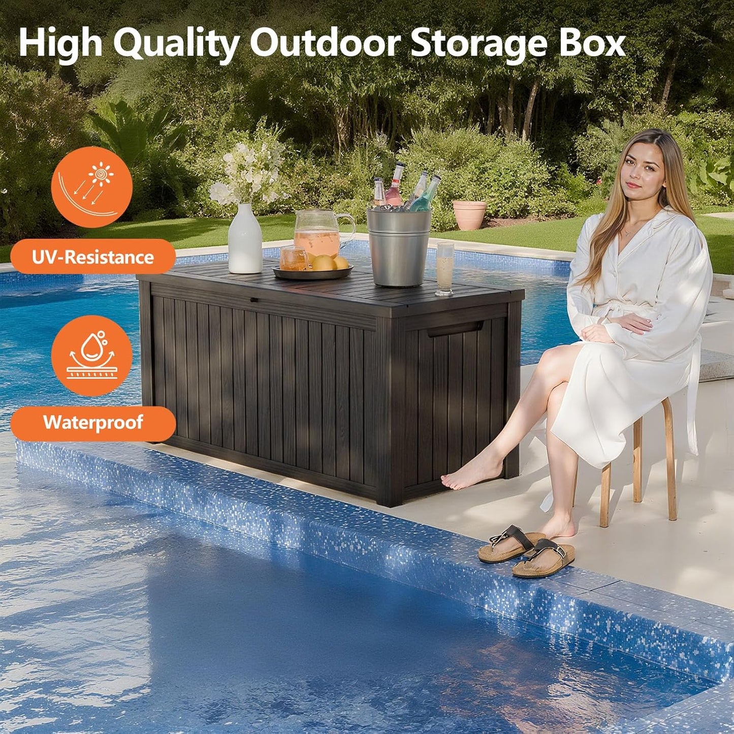 180 Gallon Outdoor Storage Box - Waterproof Resin Deck Box for Patio Cushions & Garden Tools - Lockable & Durable Outdoor Storage Bin - Sleek Black Design