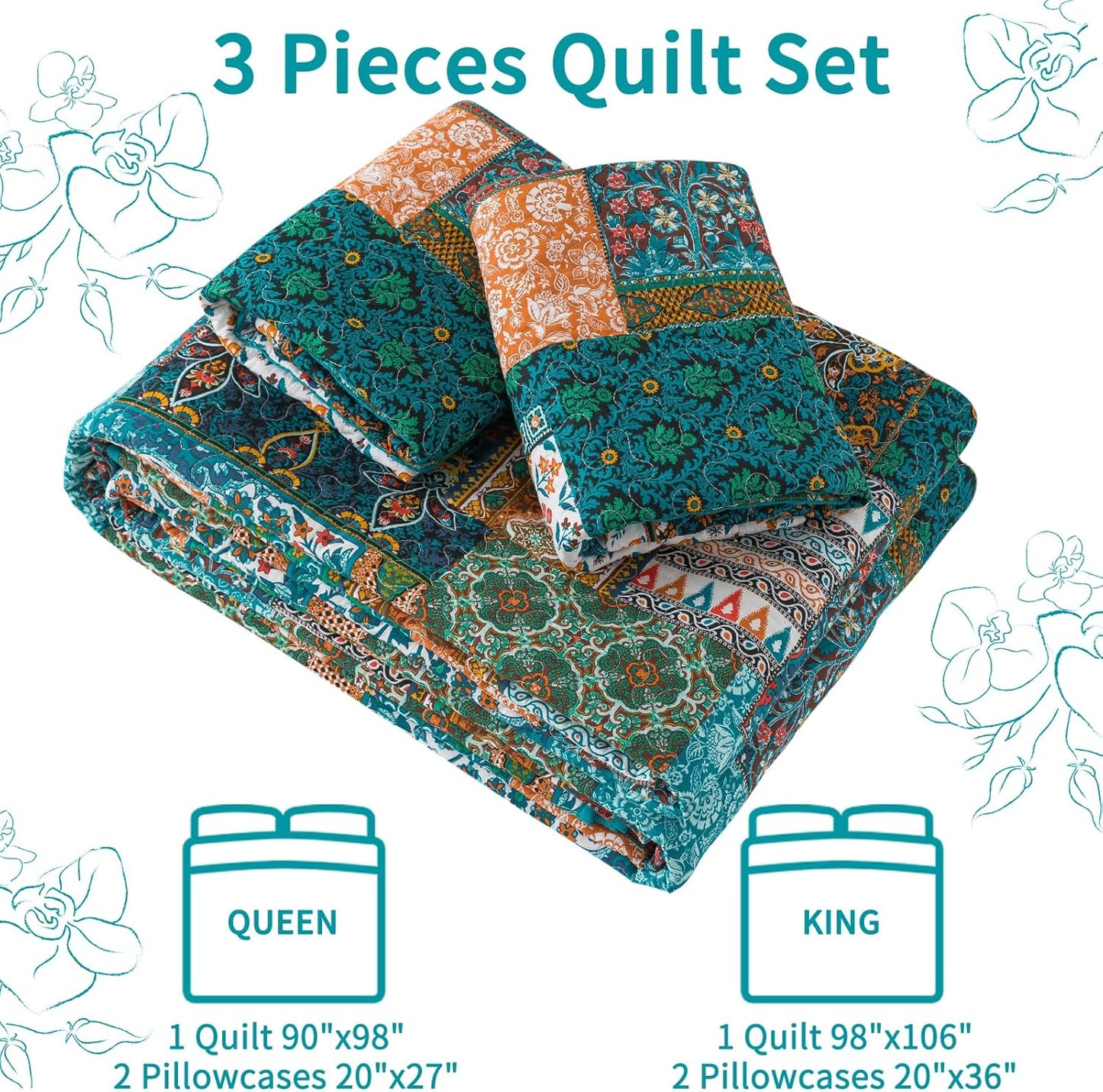 VAPUTAR Cotton King Quilt Size, Floral Patchwork King Bedspread, Lightweight Quilt King Size for All Seasons, Reversible Green Soft Quilt (98 x 106 Inch Quilt + 2 Pillowcases, Pine Green)