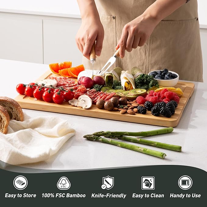 5 Packs Bamboo Cutting Board Set with Non Slip Feet Holder and Over Sink Nice Solid Thick Wood Juice Groove Chopping Board Small Big Xl XXl xlarge Oversized Kitchen Counter Organic Vegetable Meat Kit